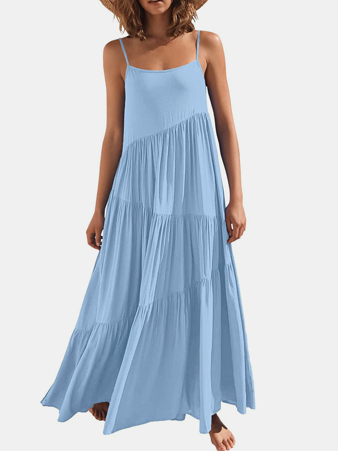Full Size Ruched Tiered Spaghetti Strap Dress - store name